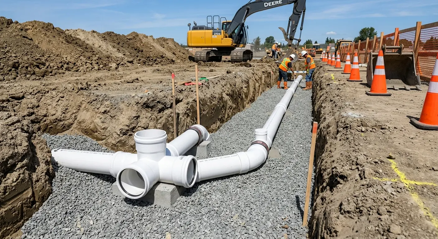 New PVC sewer pipe installation in open trench for Commercial Drain Cleaning in Frankstown