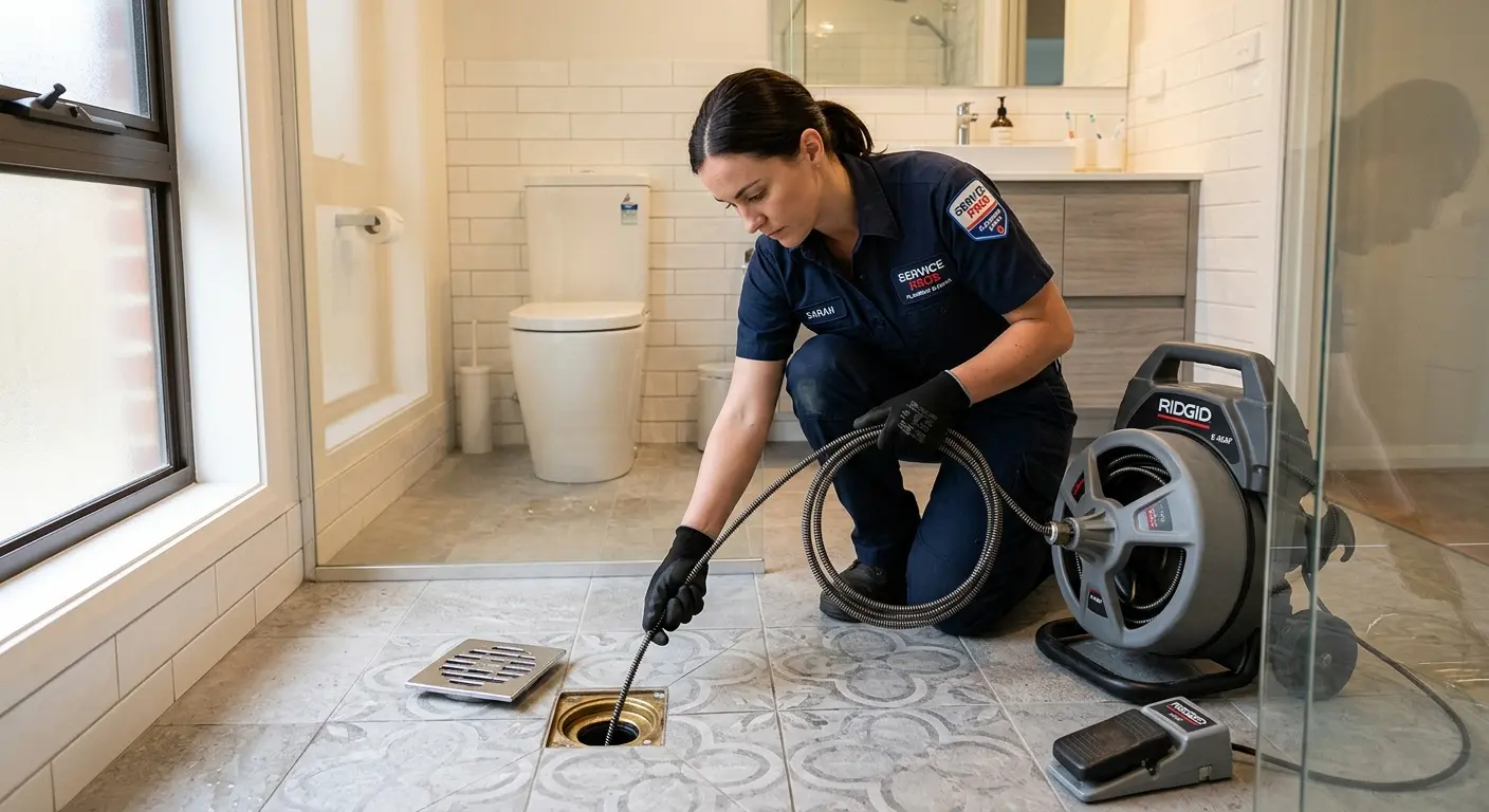 Technician clearing a bathroom floor drain for Sewer Line Replacement in Frankstown